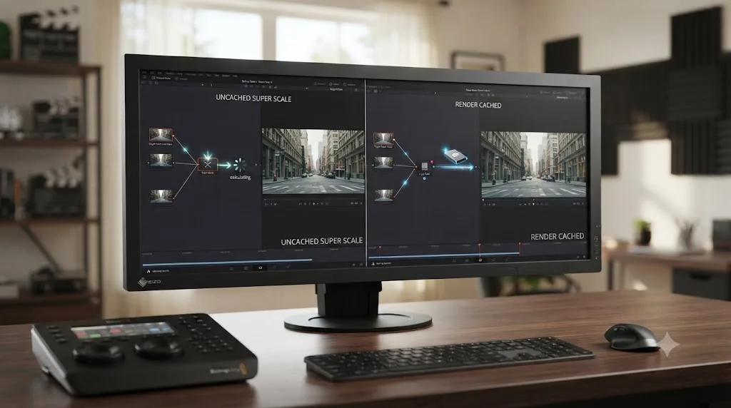 Illustration contrasting an uncached Super Scale clip against a render-cached clip playing back instantly