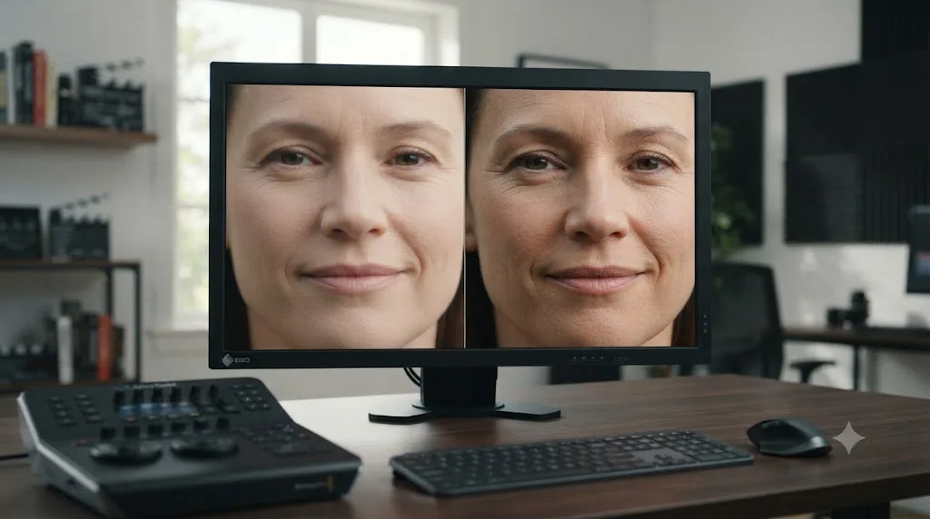 Illustration comparing over-smoothed skin texture against natural texture at different Noise Reduction levels