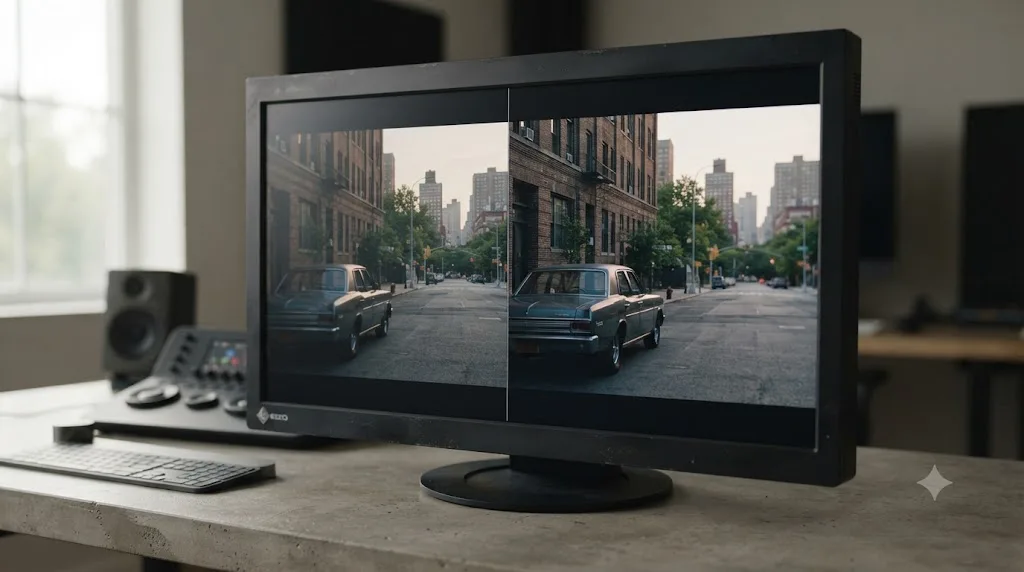 Illustration comparing a DaVinci Resolve Super Scale result against a Topaz Video AI result on the same frame