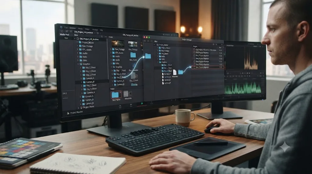 Illustration of a DaVinci Resolve Media Pool folder tree being copied intact into a new project