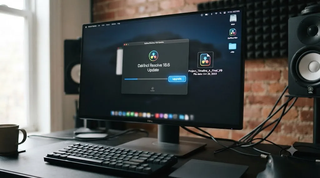 Illustration of a DaVinci Resolve installer window with an upgrade option highlighted beside a project file