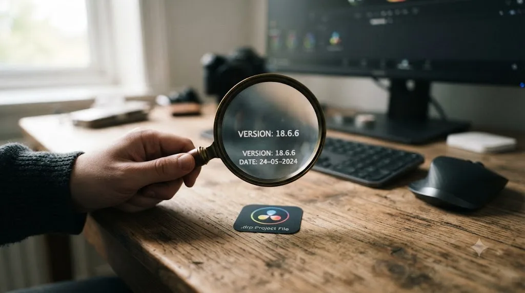 Illustration of a DaVinci Resolve project file being inspected with a magnifying glass to reveal its version number