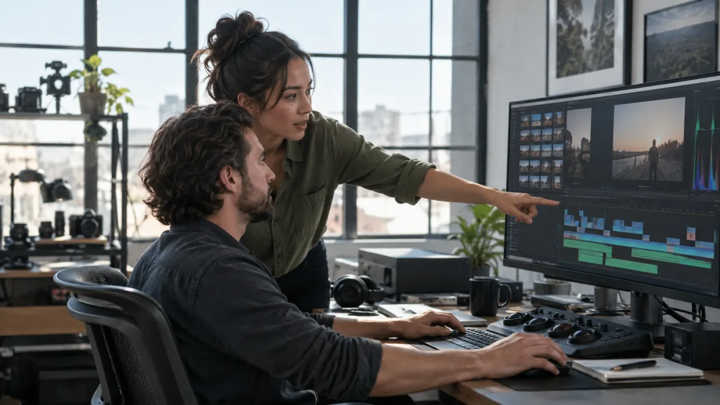 Illustration of an on-screen assistant pointing to DaVinci Resolve timeline controls
