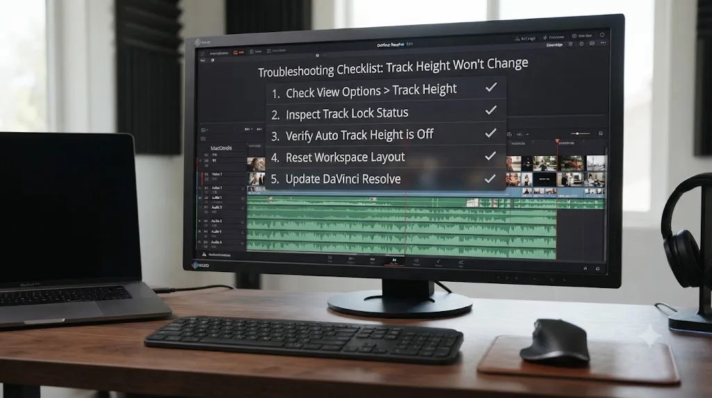 Illustration of a numbered troubleshooting checklist overlaid on a DaVinci Resolve timeline with normally resizing tracks