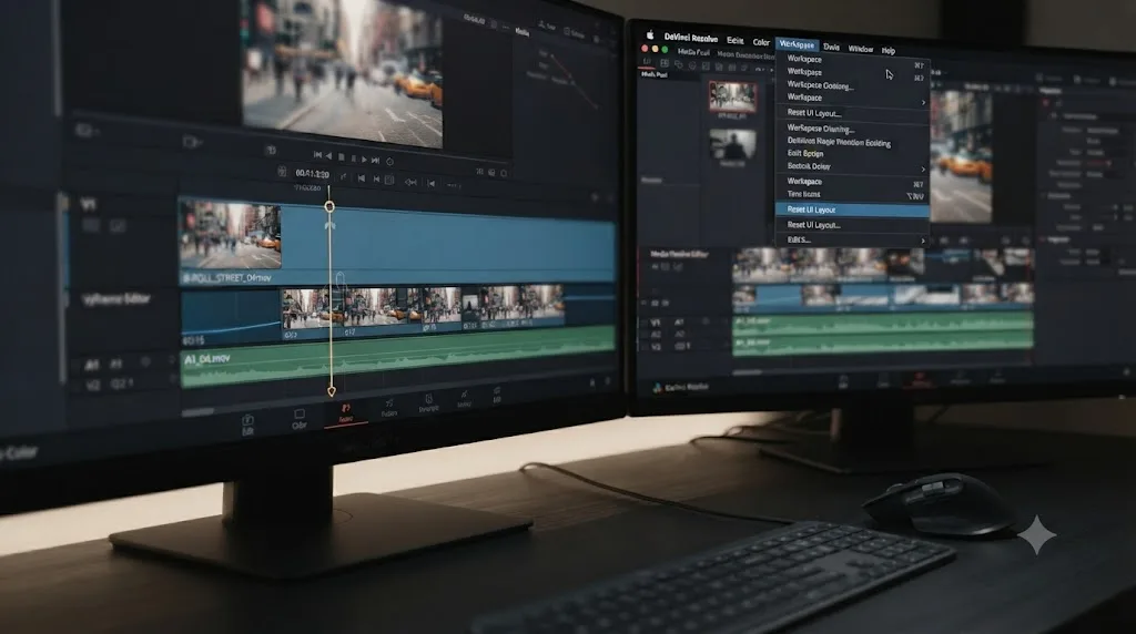 Illustration of a dual-monitor DaVinci Resolve setup with a stuck track resize cursor next to the Reset UI Layout menu option