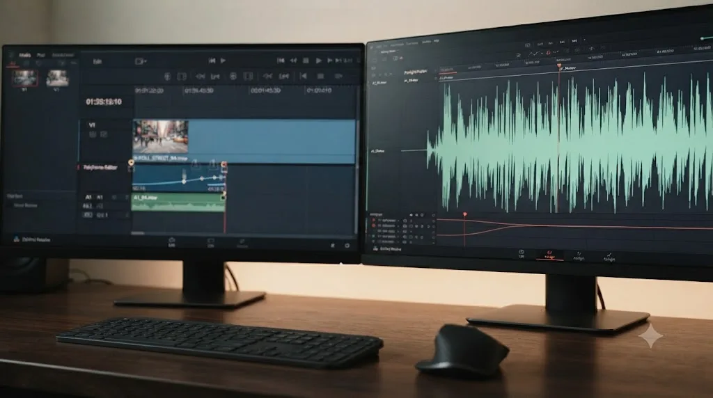 Illustration comparing a short DaVinci Resolve Edit page audio track against a tall Fairlight page audio track
