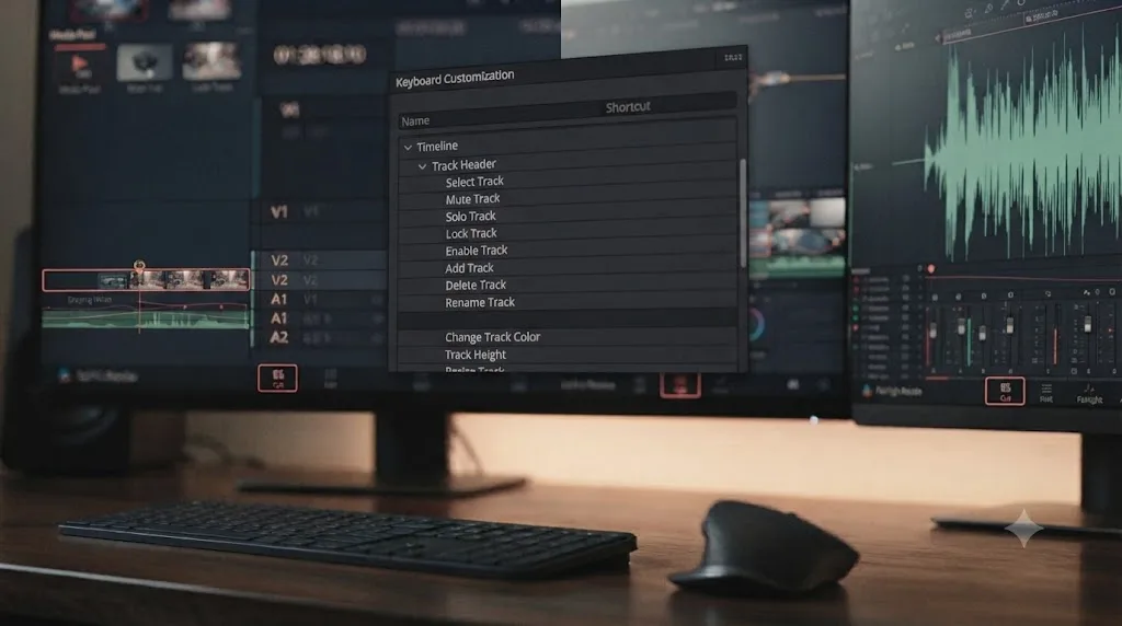 Illustration of the DaVinci Resolve keyboard customization panel showing track header actions without a track height shortcut