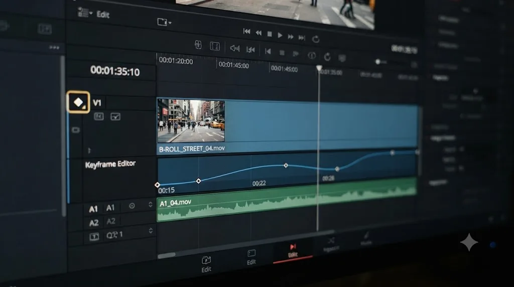 Illustration of a DaVinci Resolve clip's keyframe editor expanding its track height