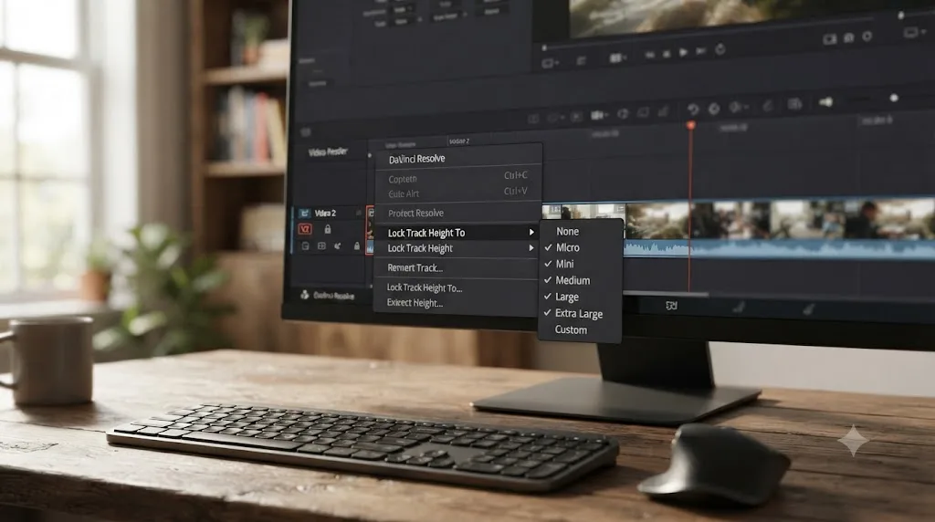 Illustration of the DaVinci Resolve Lock Track Height To submenu on a track header context menu