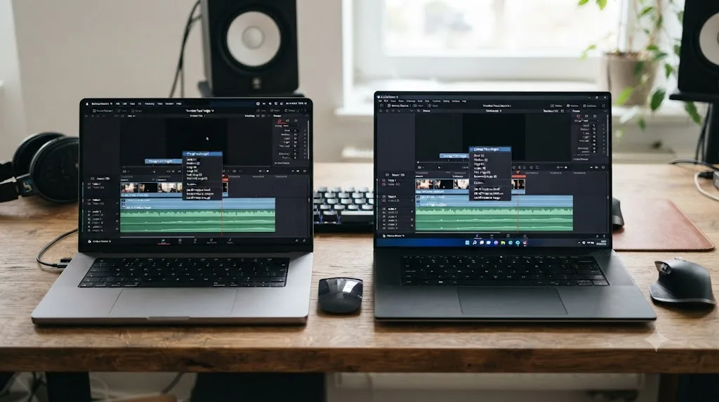 Illustration comparing DaVinci Resolve track height controls on Mac and Windows, shown as identical