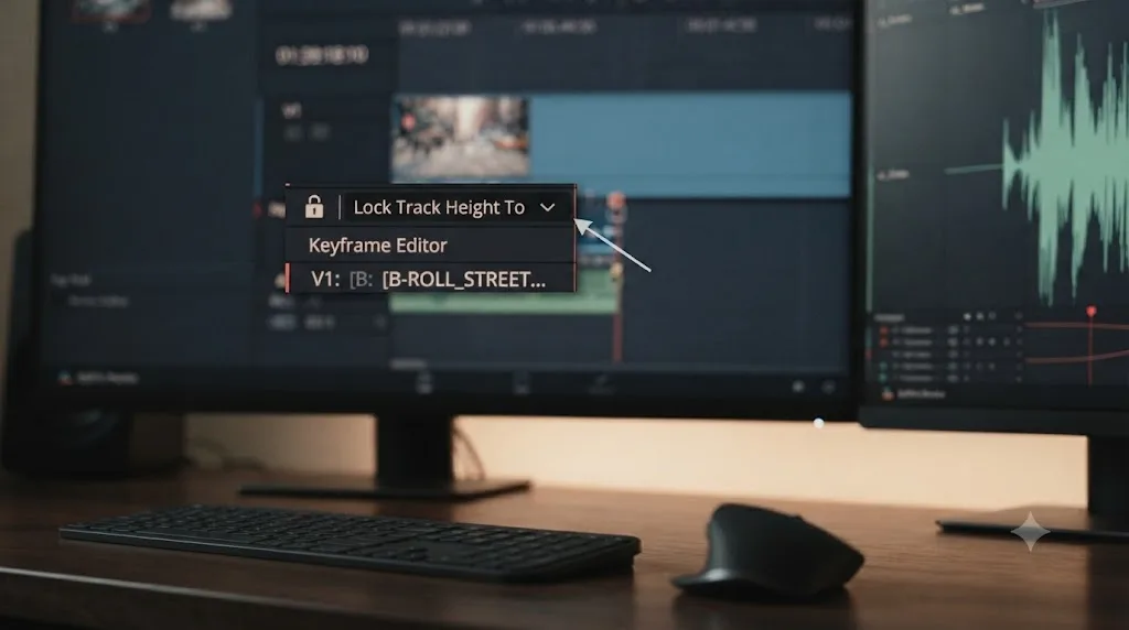 Illustration distinguishing the DaVinci Resolve track padlock icon from the separate Lock Track Height To menu option