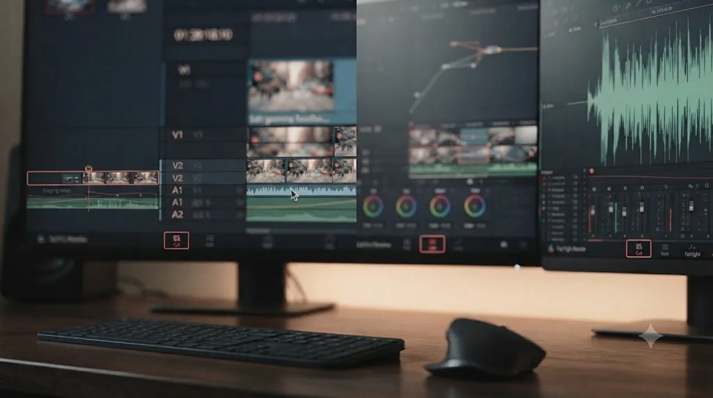 Illustration comparing how DaVinci Resolve's Cut, Edit, Color, and Fairlight pages each handle timeline track height