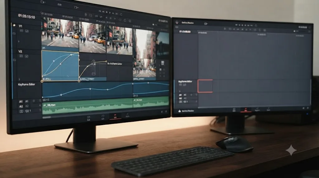 Illustration comparing a DaVinci Resolve project with customized track heights against a fresh project with default heights
