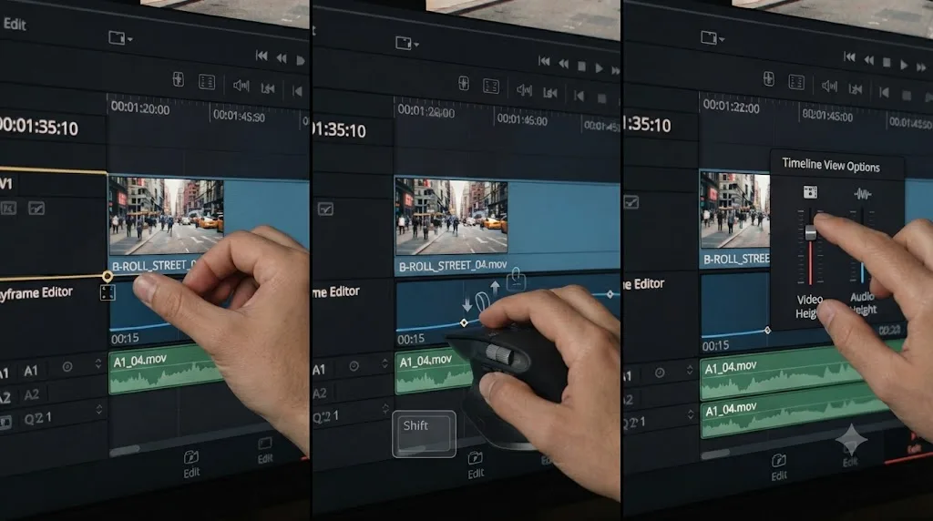 Illustration comparing three DaVinci Resolve methods for resizing track height: dragging, Shift plus scroll, and the Timeline View Options sliders