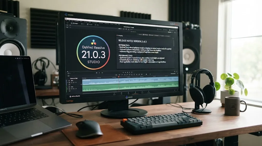 Illustration of a DaVinci Resolve version update changelog highlighting keyframe and performance fixes