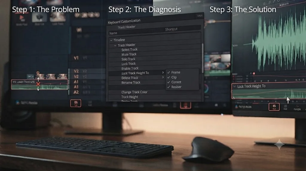 Illustration of a worked diagnostic example fixing a DaVinci Resolve track height that won't change