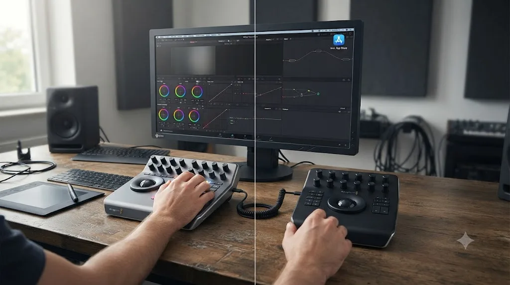 Illustration comparing a DaVinci Resolve panel connecting successfully to a direct download versus a Mac App Store install
