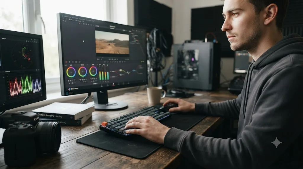 Illustration of a beginner learning DaVinci Resolve's color tools with only a mouse before buying any hardware panel