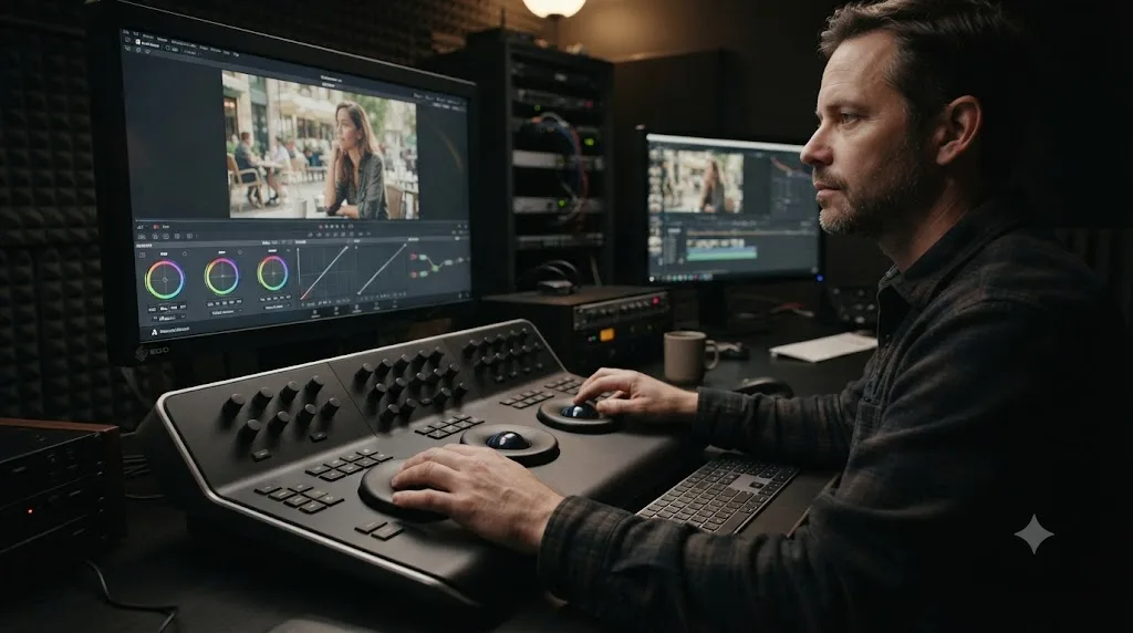 Illustration of a colorist's hands resting on three trackballs while looking at a graded monitor in DaVinci Resolve
