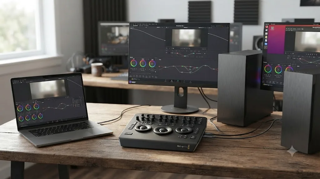 Illustration of a DaVinci Resolve color panel connecting to Mac, Windows, and Linux computers