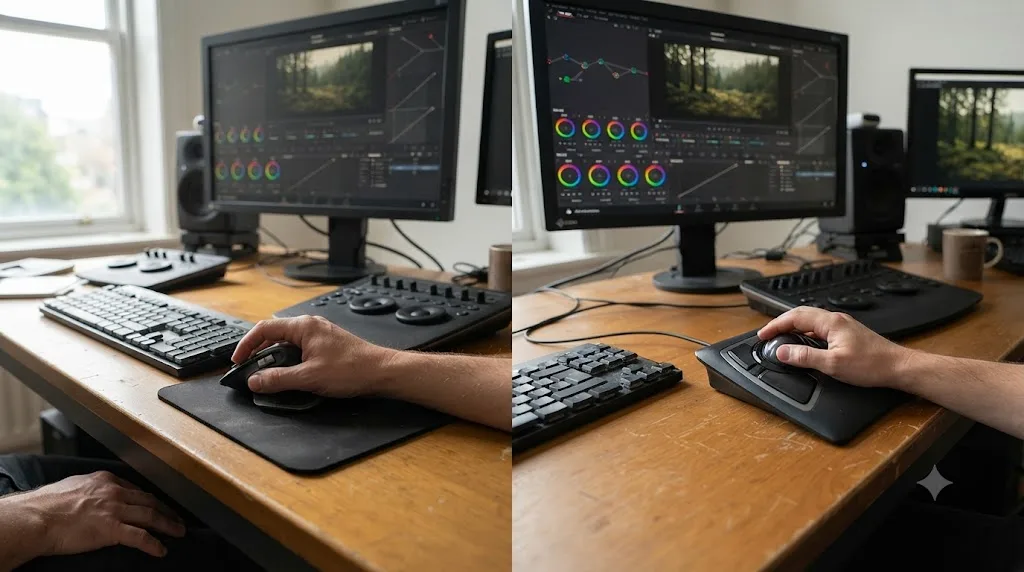 Illustration comparing wrist position between a standard mouse and a stationary trackball during a long DaVinci Resolve grading session