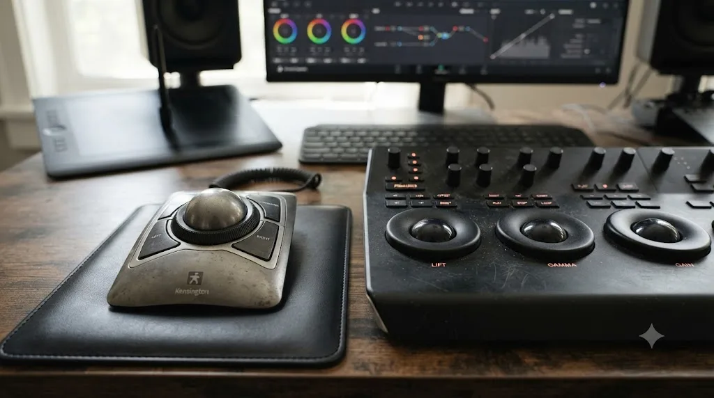 Illustration comparing a single-ball trackball mouse to a three-ball DaVinci Resolve color panel