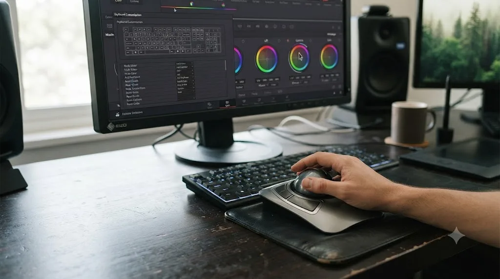 Illustration of DaVinci Resolve's keyboard customization menu open next to a mouse hovering over a color wheel