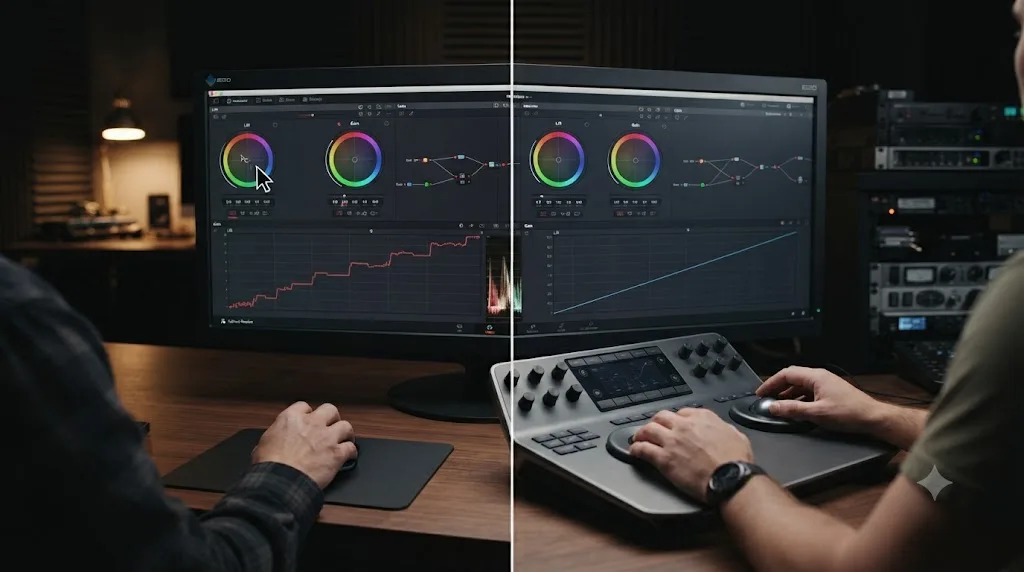 Illustration comparing how the Lift and Gain color wheels calculate differently between mouse input and control surface input in DaVinci Resolve