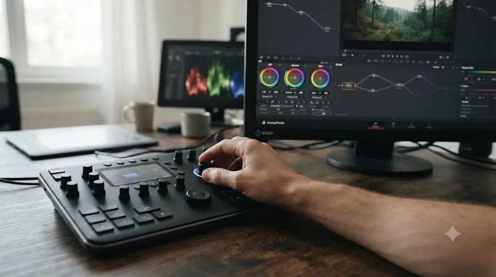 Illustration of a Loupedeck-style dial control deck mapped to DaVinci Resolve color wheel parameters