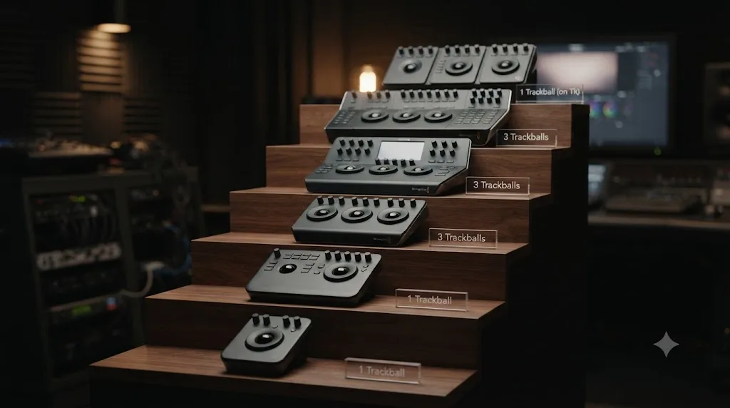 Illustration of a price comparison ladder showing DaVinci Resolve color panels from the Tangent Ripple to the Advanced Panel