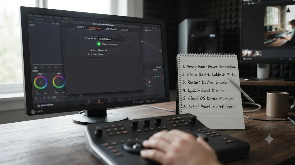 Illustration of a DaVinci Resolve control panel troubleshooting checklist next to a connection status screen