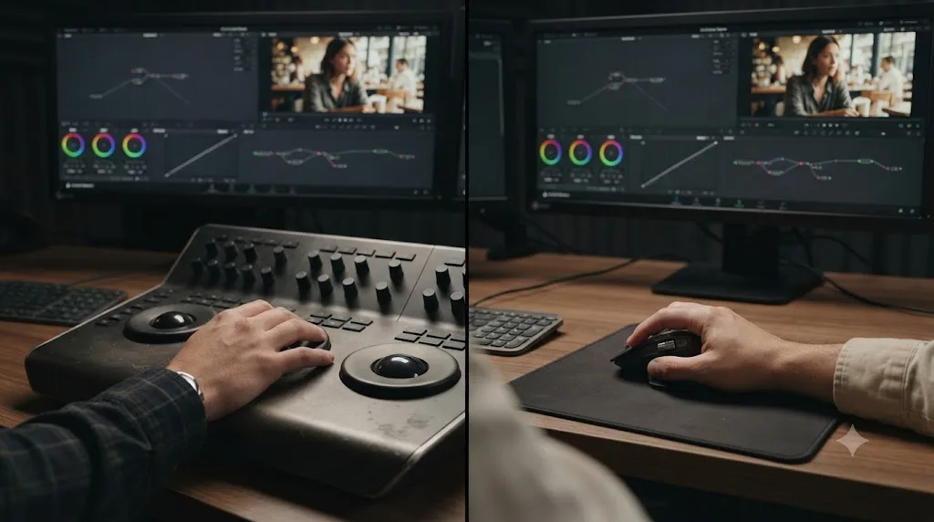 Illustration of a colorist's hand on a trackball panel next to a hand on a mouse in front of a DaVinci Resolve color grading screen