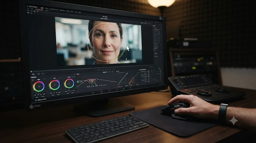 Illustration of a mouse being used to drag and resize a power window shape in DaVinci Resolve