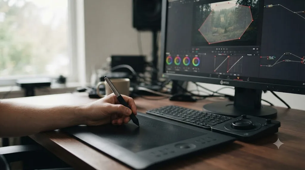 Illustration of a stylus and graphics tablet being used to draw a power window shape in DaVinci Resolve