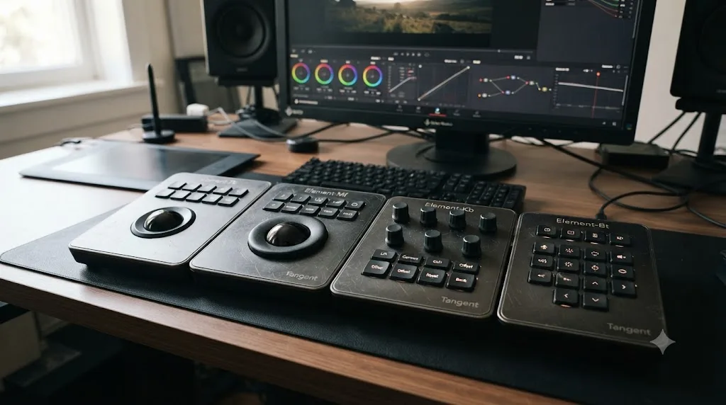 Illustration of four modular Tangent Element color grading panels connected together on a desk