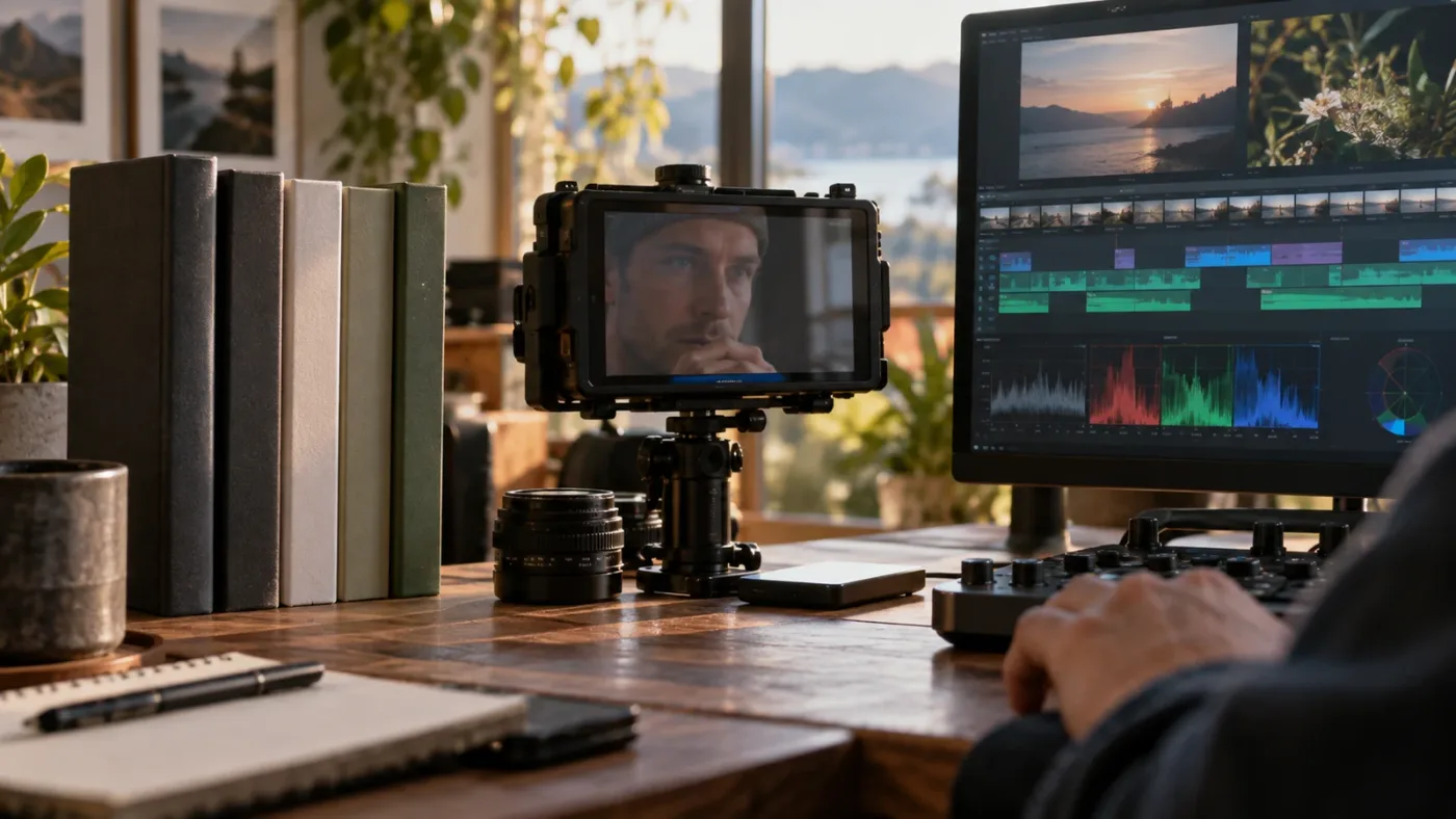 Illustration of a DaVinci Resolve learning system using books videos and practice