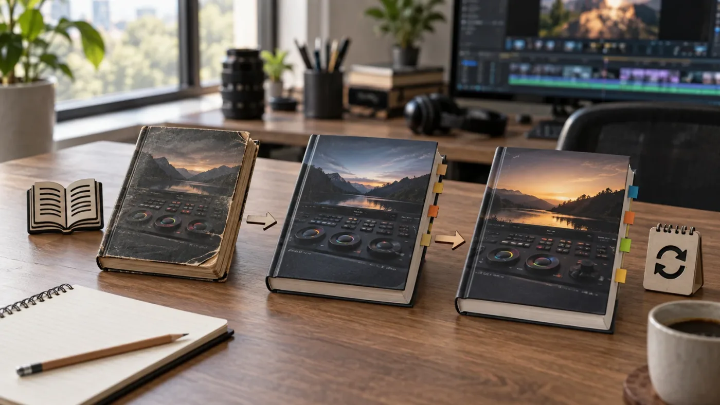 Illustration of DaVinci Resolve version updates from Resolve 20 to Resolve 21.1