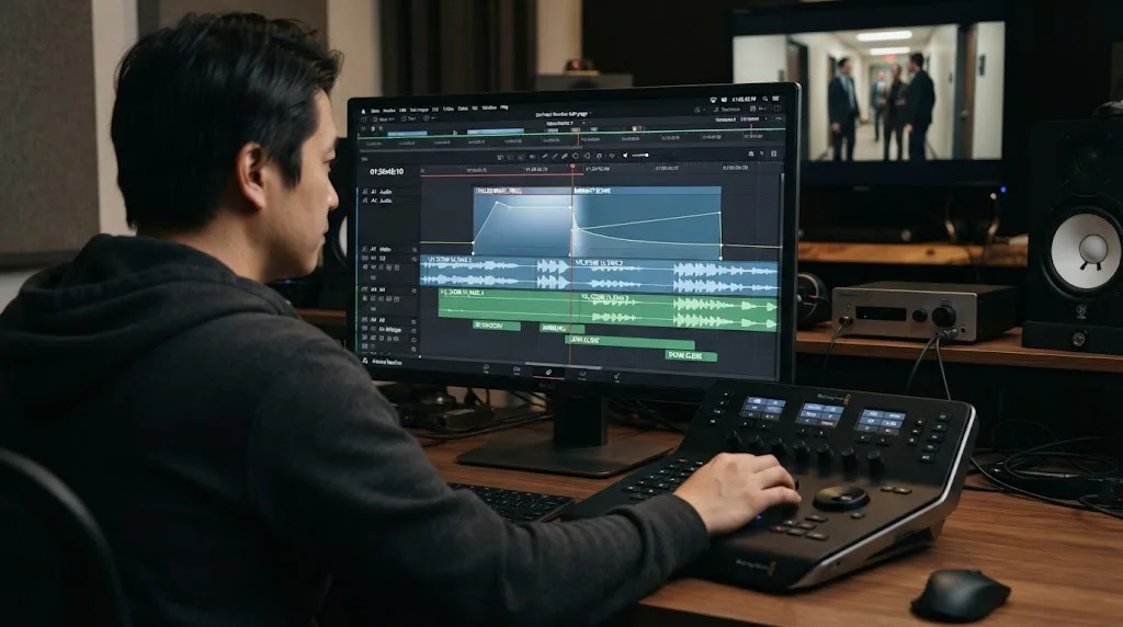 Illustration of a final music transition review with dialogue and sound effects in DaVinci Resolve