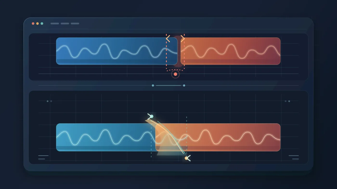 Illustration of insufficient audio handles and a corrected music overlap in DaVinci Resolve