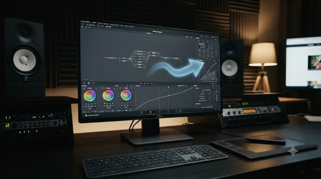 Illustration of an on-screen assistant pointing at a specific DaVinci Resolve menu control