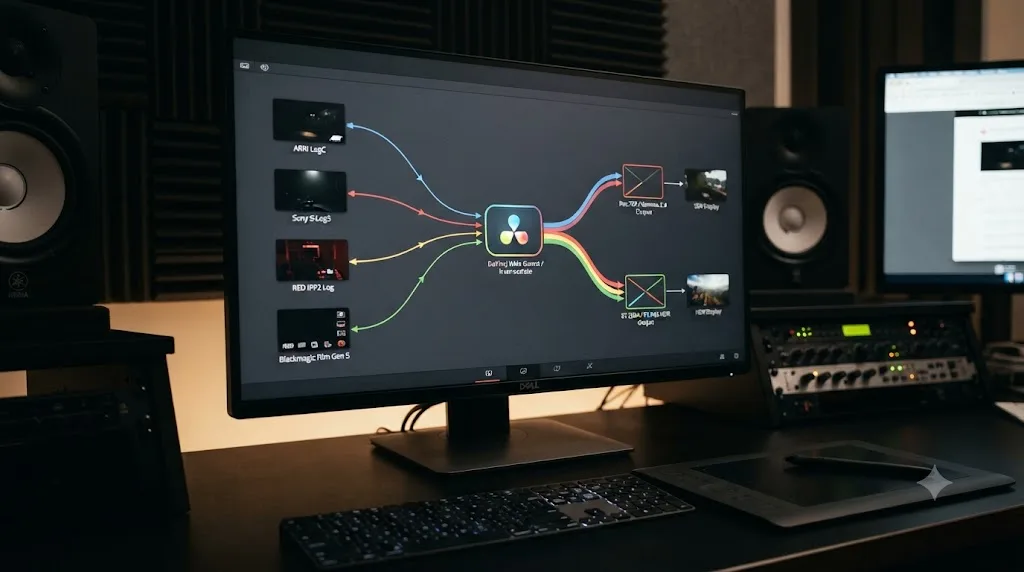 Illustration of a DaVinci Resolve color management diagram showing camera footage converging into a wide gamut space before splitting into different output color spaces