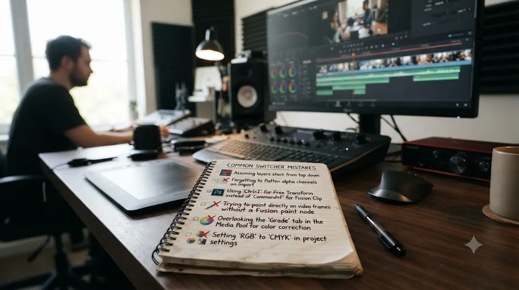 Illustration of a checklist of common mistakes Photoshop users make when switching to DaVinci Resolve