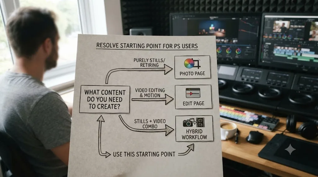 Illustration of a decision flowchart guiding a Photoshop user toward the right DaVinci Resolve starting point