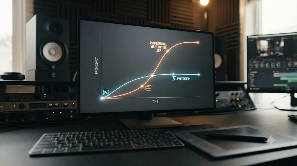 Illustration of a learning curve graph comparing Photoshop's gentler ramp to DaVinci Resolve's steeper, higher-ceiling curve