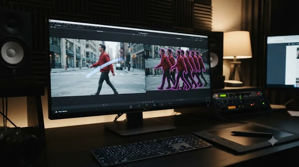 Illustration of a DaVinci Resolve Magic Mask brush stroke tracking a person across several video frames