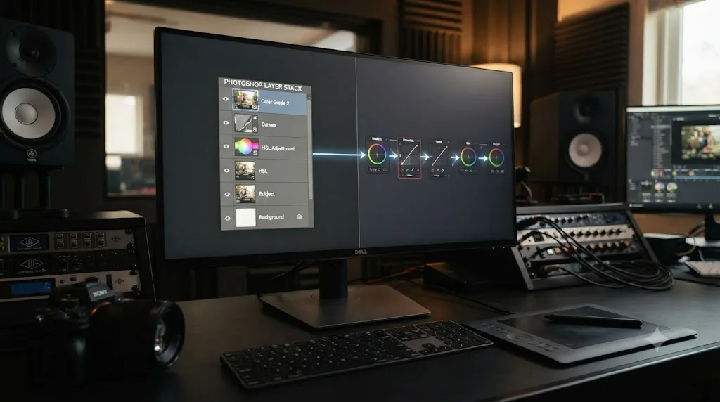 Illustration comparing a vertical Photoshop layer stack to a horizontal DaVinci Resolve node flow with connecting arrows