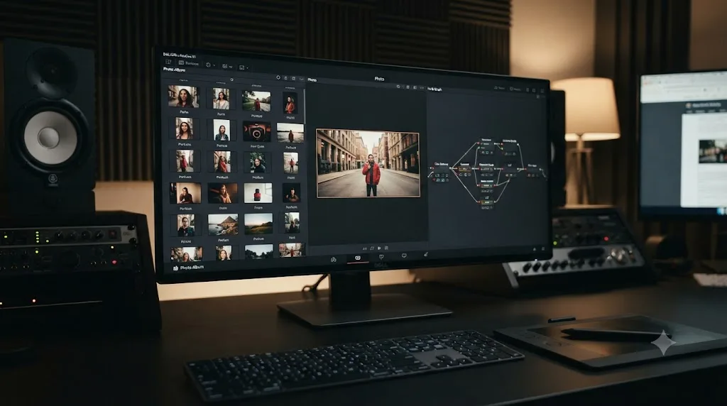 Illustration of the DaVinci Resolve 21 Photo page showing a photo album with a node-based grade applied