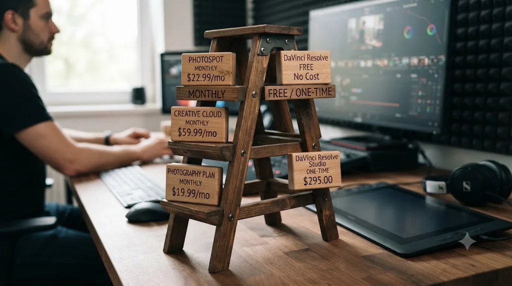 Illustration of a pricing comparison ladder between Photoshop subscription tiers and DaVinci Resolve free and Studio pricing