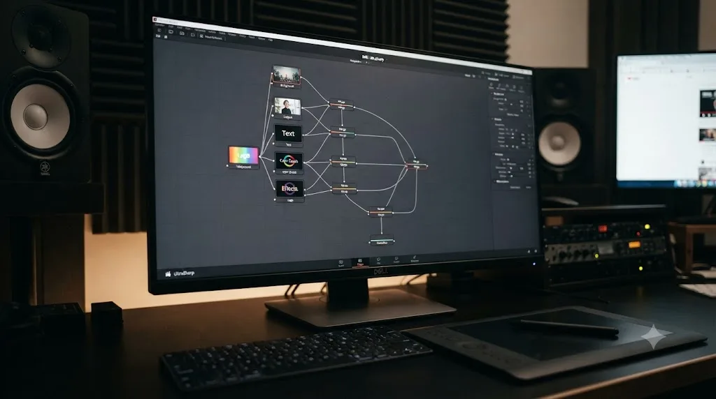 Illustration of a DaVinci Resolve Fusion node tree built from imported Photoshop layers connected through Merge nodes