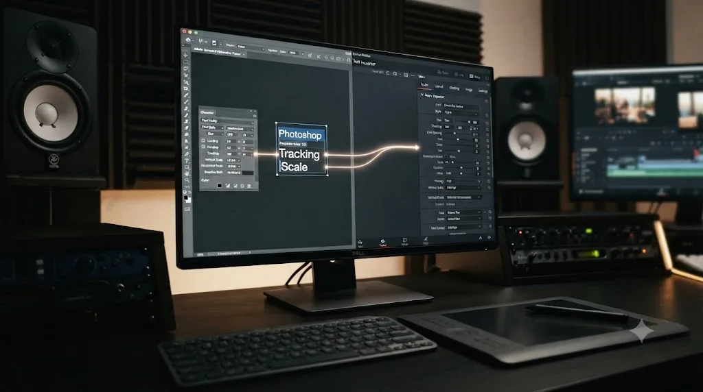 Illustration comparing Photoshop's Character panel to DaVinci Resolve's Text+ Inspector controls for typography